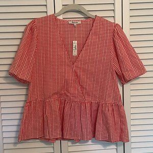 MADEWELL Women's Red Crossover Peplum Top in Textured Gingham Check Size S Small